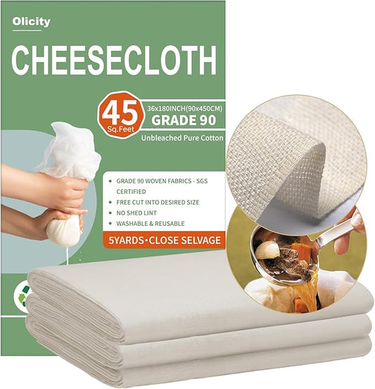 Olicity Cheese Cloths, Grade 90, 45 Sq Feet, Reusable Cheese Cloth with Closed Edges Unbleached Cotton Cheesecloth for Straining, Fine Mesh Fabric Muslin Cloth for Cooking, Baking, Milk,Crafts-5 Yards