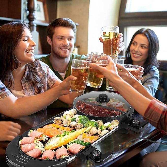 KOCASO 2200W 2-in-1 Electric Hot Pot & Non-Stick BBQ Grill, Smokeless Indoor Grill and Shabu Shabu Hot Pot with Dual Independent Temp Control, 5 Heat Settings, for 2-8 People Family Gatherings
