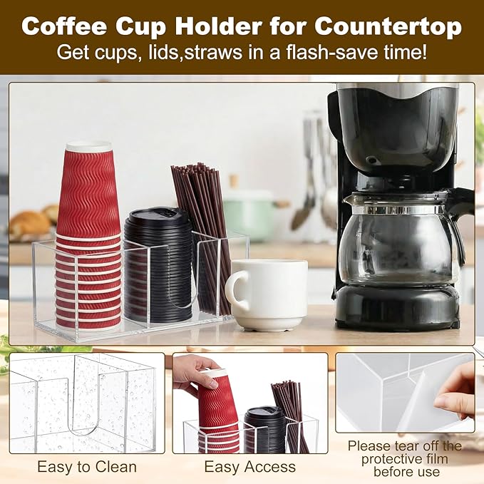 2 Pcs Acrylic Coffee Cup Holder with 3 Compartments Coffee Cup Dispenser for Countertop Plastic Lid Holder Station Organizer Accessories for Kitchen Bar Shop Farmhouse Table(Clear)