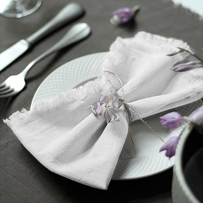 Handmade Cloth Napkins 100% Cotton Napkins with Fringe，Delicate Handmade Cloth Napkins for Dinners, Parties, Weddings and More，18 x 18 Inch Set of 4 - White