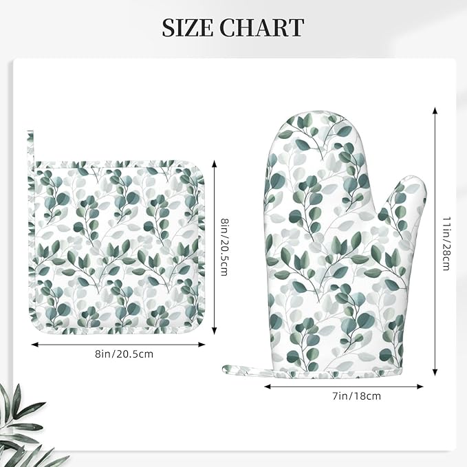 Green Eucalyptus Silicone Oven Mitts and Pot Holders Sets Green White Botanical Leaves Kitchen Mitts Green Leaf Plant Potholder Kitchen Accessories for Cooking Baking BBQ