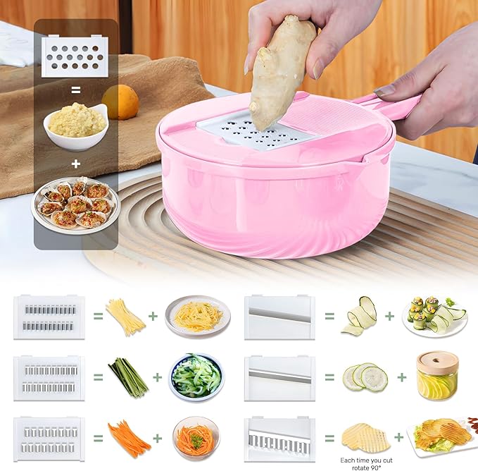 Mandoline Food Slicer, Multifunctional Vegetable Slicer Cutter with Hand Protector, Vegetable Shredder for Potato, Tomato, Carrot (Pink-7 in 1)