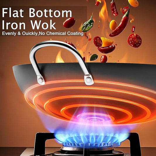 WANGYUANJI Carbon Steel Wok 14.2", Large Nitriding Flat Bottom Stir Fry Pan with Lid, No Chemical Coating Rust Resistant Iron Skillet for Induction Electric Gas Stoves, Big Capacity Serves 6+
