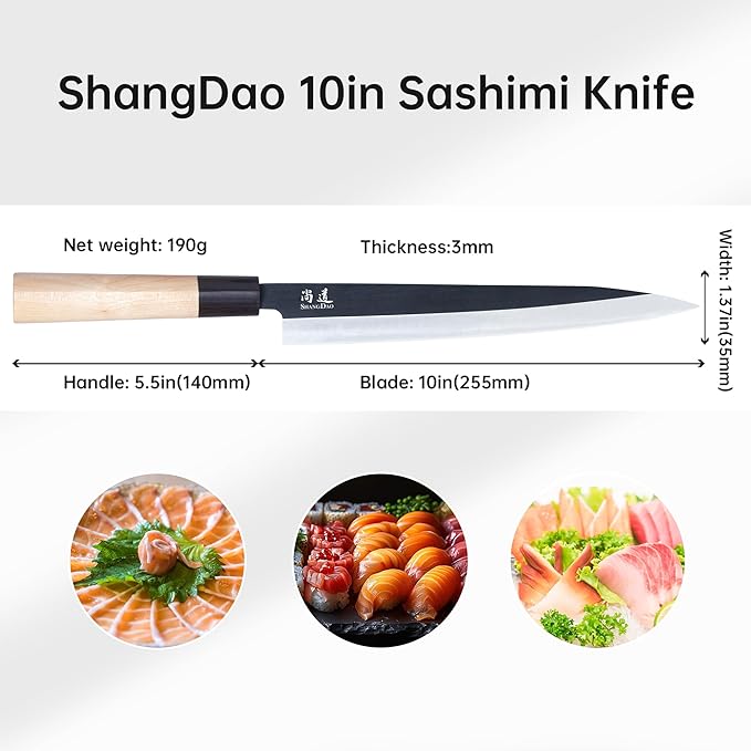 SHANGDAO Sashimi Sushi Knife - 10 Inch Fish Cutting & Filleting Knife, German Steel & Traditional Wooden Handle, Gift Box