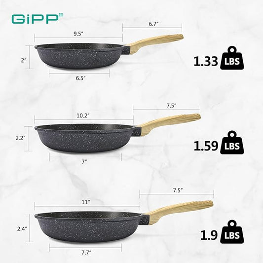 GiPP Non Stick Frying Pan Set - 9.5" 10.2" 11" Ceramic Nonstick Skillets, Non Toxic, Omelette Pan with Stay Cool Handle, Induction Compatible, PFAS/PTFE/PFOA Free, Gray