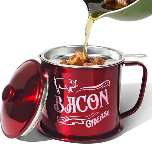 1.3L Bacon Grease Saver Container with Fine Mesh Strainer,Stainless Steel Oil Keeper Can for Bacon,46oz Large Rustic Farmhouse Fat Container, Keeper, Recipes, Dishwasher Safe (Red)