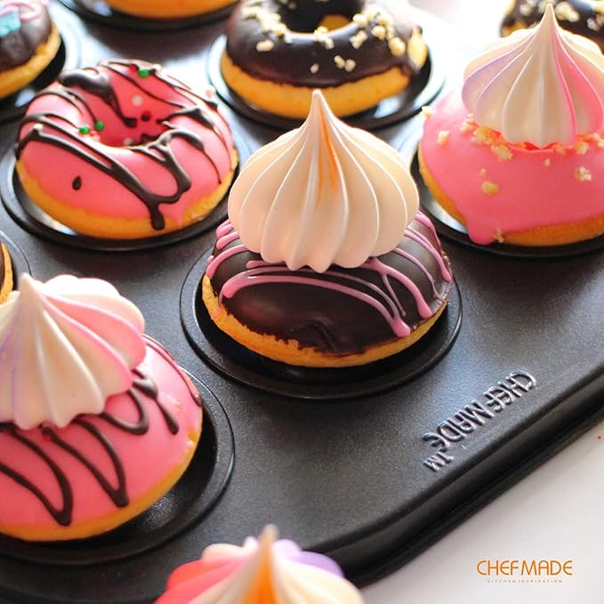 CHEFMADE Donut Pan, Nonstick Mini 12 Cavity Ring Doughnut Pan for Baking, Set of 2