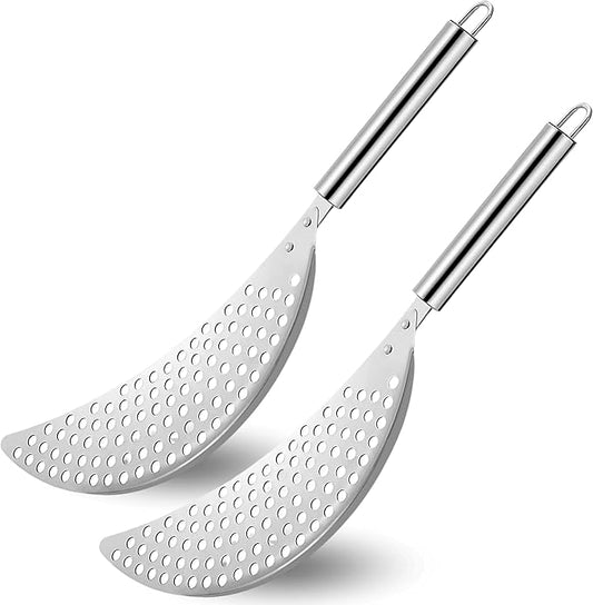 Pack of 2 Held Crescent Drainer Pan Pot Strainer with Handle Stainless Steel Hand for Spaghetti Fry Noodles Fruit Vegetable Pasta Strainer Colander Heavy Duty Food Drainers