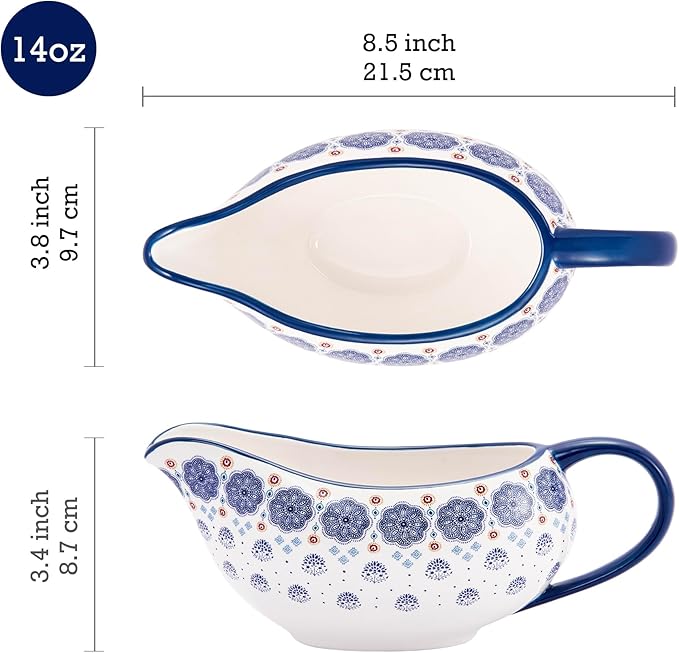 Bico Blue Talavera 14oz Gravy Boat with Large Handle, Ceramic Sauce Boat for Creamer, Salad Dressings, Broth, Black Pepper Sauce