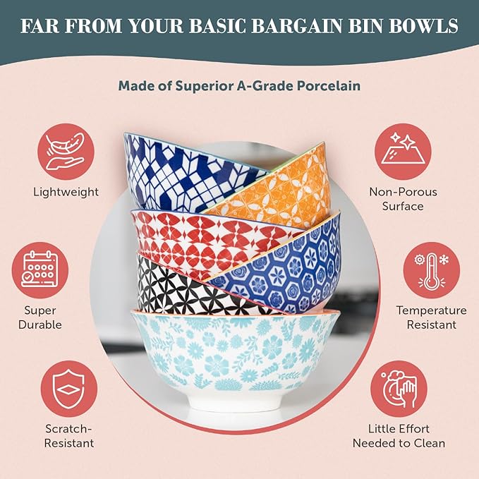 Annovero Cereal Bowl - Dishes for Serving Soup, Salad, Breakfast - Decorative Colorful Porcelain Bowls for Kitchen - Microwave, Dishwasher, Oven Safe - Zero Lead & Cadmium - 23 Oz - Set of 6