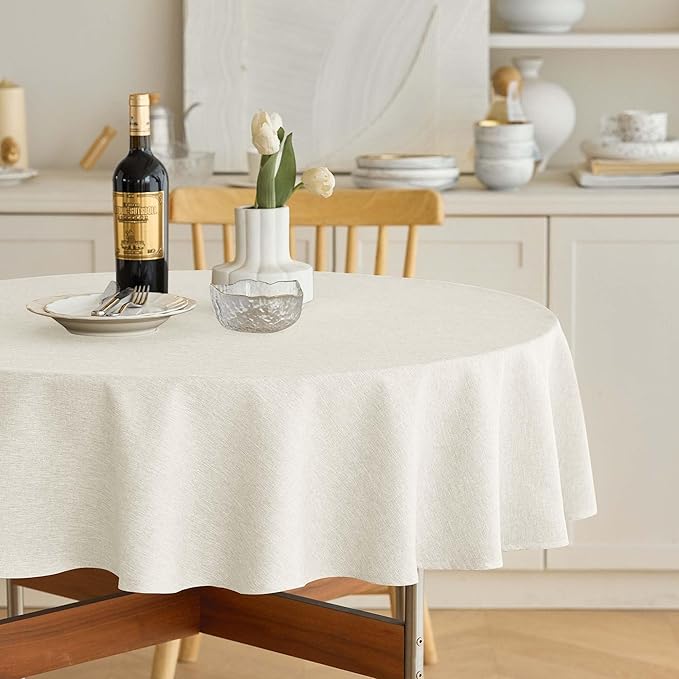 Waterproof Round Tablecloth for Round Dining Table, Decorative Rustic Soft Wipeable Table Cloths Cover Indoor Outdoor Use for Holiday,Wedding, Kitchen (70 Inch,Round (4-6 Seats),Ivory)