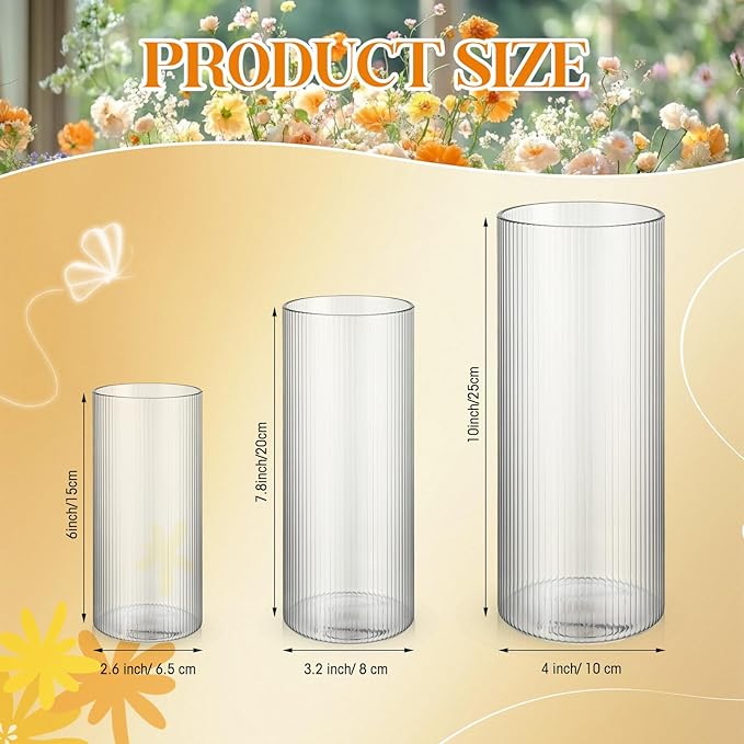6 Pcs Ribbed Glass Candle Holder 6"/7.8"/10" Tall Cylinder Candle Holders Clear Round Flower Vases for Table Centerpiece Wedding Anniversary Home Decorations