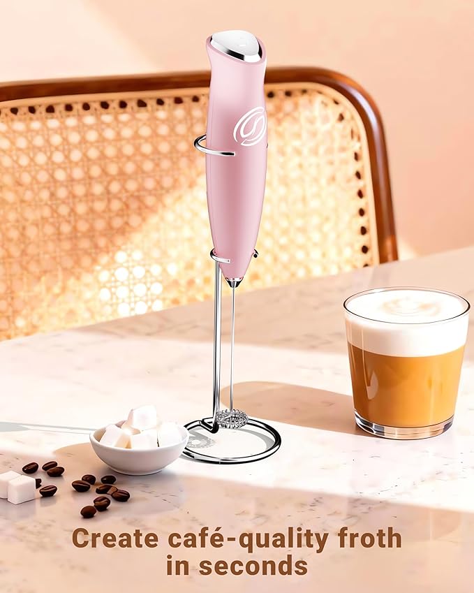 HeyLotie Milk Frother With Stand Handheld Frother Wand Drink Mixer Handheld Coffee Stirrers Electric Frother for Coffee Mixer Wand with 2 Whisk frother for protein powder-Pink