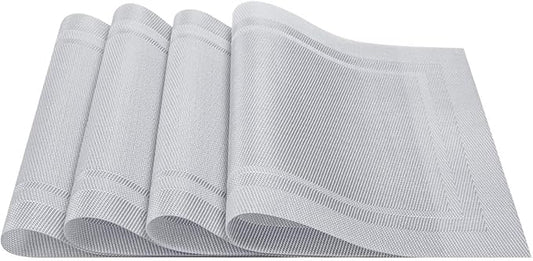 DACHUI Placemats Set of 8, Linen Look Woven Place Mats, Water Resistant, Heat Resistant, Washable, Durable Table Mats (Silver)