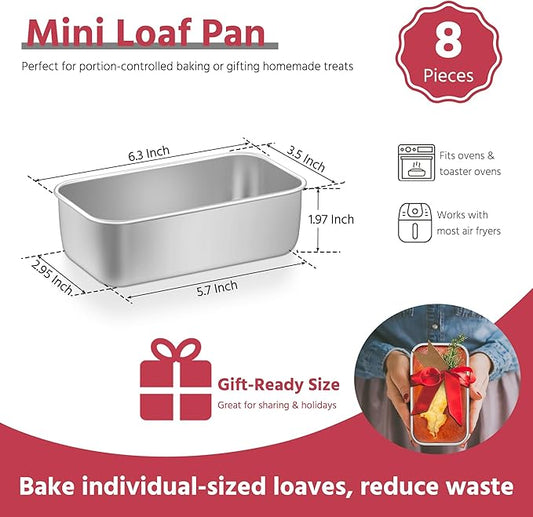 E-far Mini Loaf Pan Set of 8, Small Stainless Steel Bread Baking Pans for Oven, 6.3 x 3.5 Inch Tiny Meatloaf Pans for Homemade Bread Pound Cake Brownies, Non-toxic & Dishwasher Safe