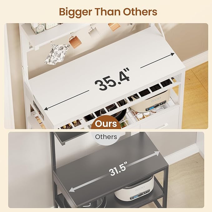 Itaar Bakers Rack with Storage and Power Outlet, 35.4 inch Microwave Stand with Fabric Drawers, Kitchen Coffee Bar Cabinet with Hutch, LED Lights, Wine Rack and Hooks, White