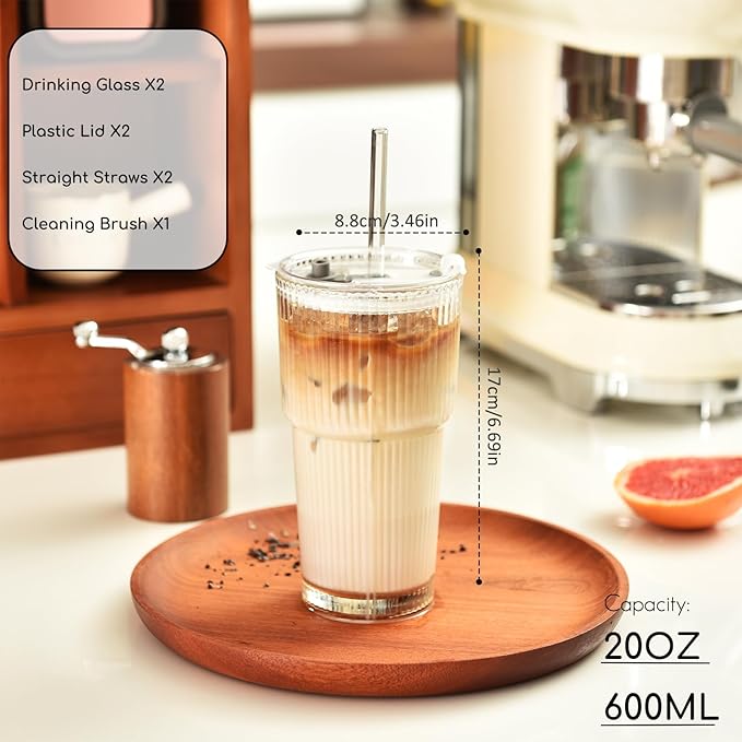 Haundry 20 oz Ribbed Glass Tumbler with Lids and Straws, 2 Pack Iced Coffee Cups, Thickened Glassware Set, Ripple Design Glass Cups for Coffee, Soda, Smoothies, Cocktails and Juice