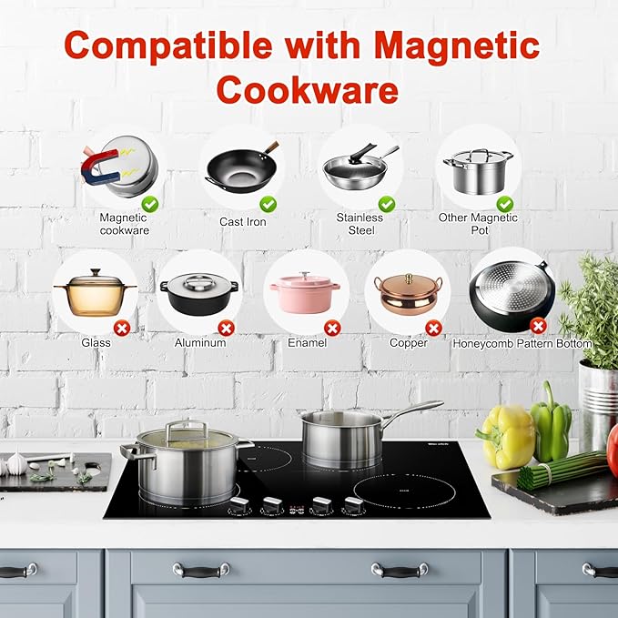 30 Inch Induction Cooktop 4 Burner with Bridge Element, 7800W Built-in Stove Top, Booster Function, 10 Power Levels, Timer & Child Safety Lock, Knob Control, 220-240V