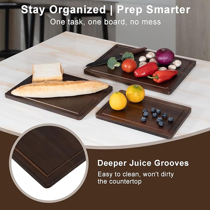 Acacia Wood Cutting Boards for Kitchen [Set of 3] – Premium Wooden Cutting Board Set with Juice Groove, Durable & Knife Friendly Serving Trays for Vegetables, Cheese & Meats