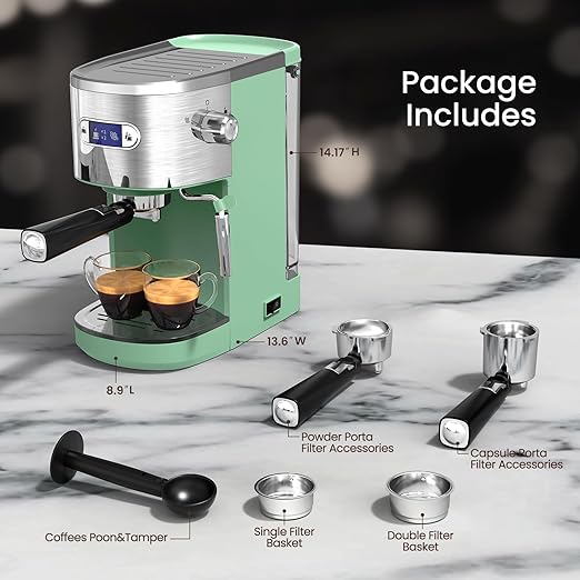 Electactic Espresso Machine 20 Bar, Professional Stainless Steel Coffee Maker with LCD Display, Steam Wand, 45oz Removable Water Tank, for Espresso, Cappuccino, Latte at Home or Office, Green