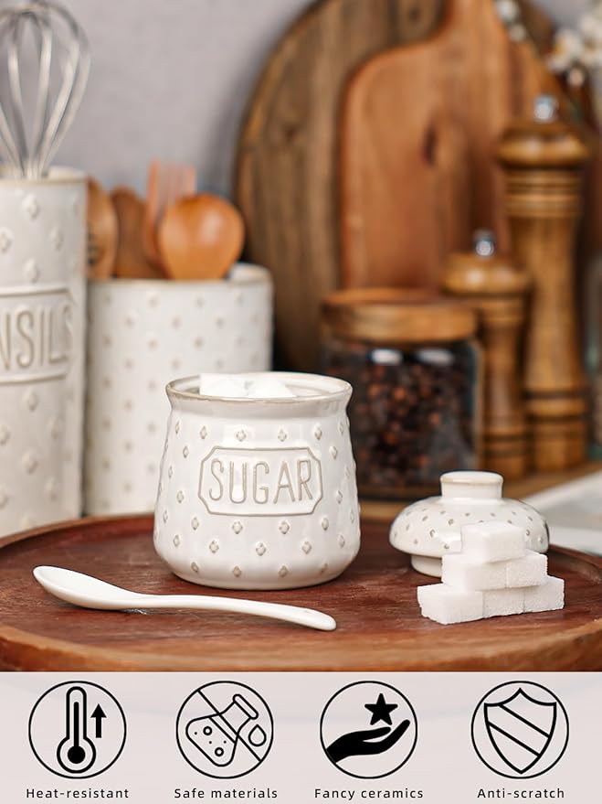 Sugar Bowl with Lid and Spoon, 10 OZ Ceramic Sugar Container for Kitchen Accessories, Sugar Storage Containers, Farmhouse Decor (Vintage White)