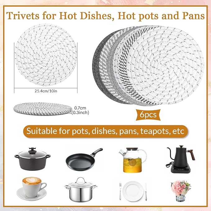10" Trivets for Hot Dishes, Hot pots and Pans, Set of 6, Heat Resistant Pot Holders for Kitchen, Hot Pads for Countertops
