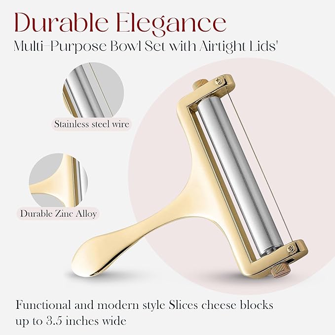 Bellemain Stainless Steel Wire Cheese Slicer - Adjustable Cheese Cutter for Cheddar, Gruyere, Raclette, Mozzarella Cheese Block, Gold