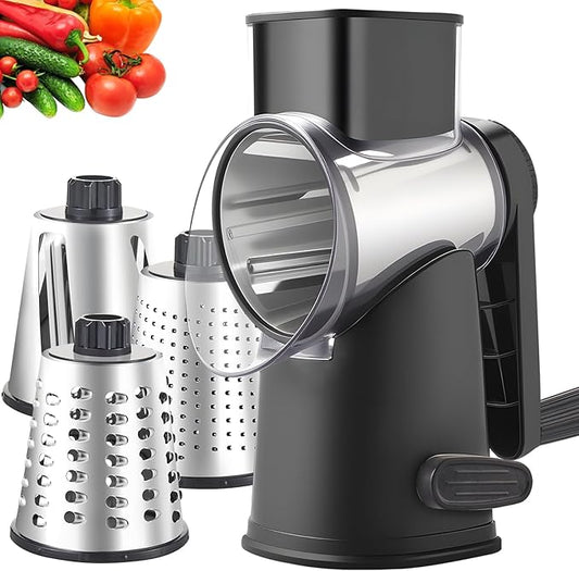 Rotary Cheese Grater with 3 Blades, Large Hand Crank Cheese Grater with Waffle Slicer, Black and White Cheese Slicer with Suction Base, Easier for Shredding& Grating (black, 3 Graters)