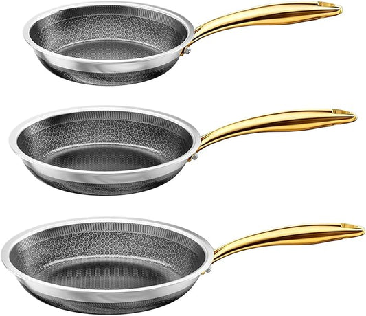 Fogdream 8"10"12" Non Stick Frying Pans Set, Stainless Steel Skillet with Lid, Tri-Ply Stainless Steel for All Cooktops, Dishwasher and Oven-Safe Cooking Pan, Stay-Cool Handle, Gold