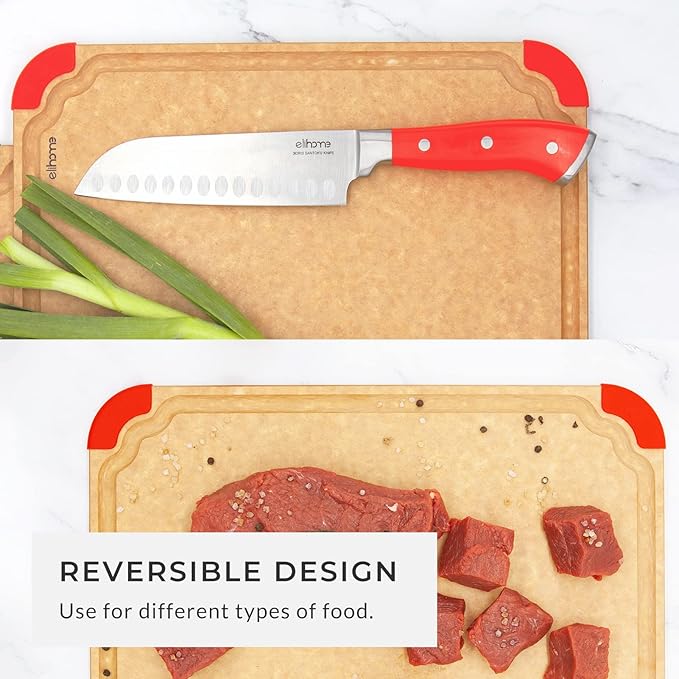 Elihome Premium Series Color Code Wood Fiber Dishwasher Safe Cutting board for Kitchen, Made in USA, Food Icon, Juice Grooves, Non-Porous, Non-slip Feet,Large 16" x 12"