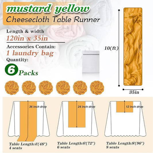 Mustard Yellow Cheesecloth Table Runner 6 Pack 35" Boho Gauze Runner 120 inches Long Table Runner Rustic Sheer Fabric Bulk for Baby Shower Wedding Bridal Birthday Party Table Decorations