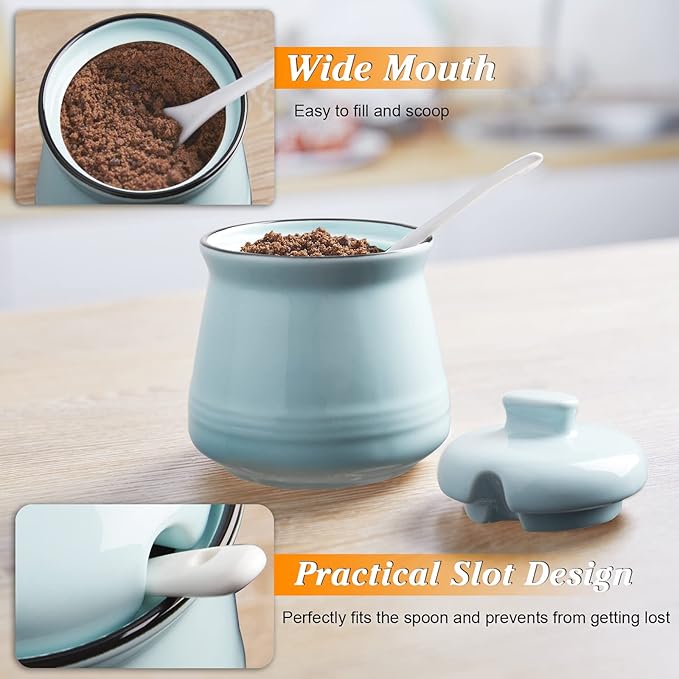 Sugar Bowl with Lid and Spoon, 12 oz Ceramic Sugar Bowl with Spoon, Sugar Container for Coffee Bar, Sugar Jar Sugar Dispenser Bowl, Turquoise Kitchen Decor and Accessories