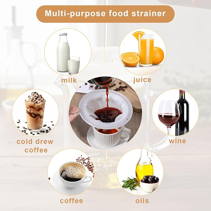 4Pcs Coffee Strainer Fine Mesh Milk Filter Nylon Mesh Strainer 4 inch Cooking Oil Filter for Soy Juice Wine, Suit 5 Inch Kitchen Funnels, White, 200 Nylon Meshes