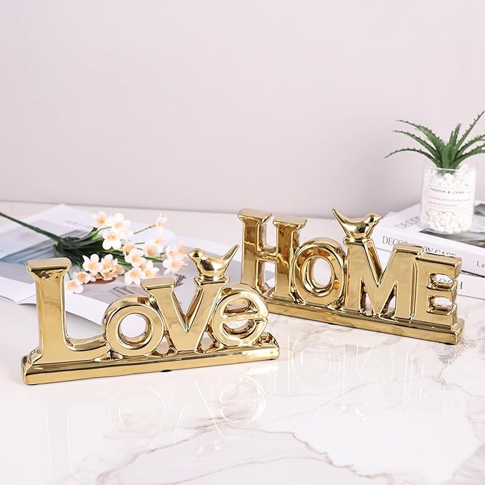 Love Sign Decor,Gold Room Decor Aesthetic, Knick Knack Shelf,Bird Decor, Boho Bookshelf,Abstract Statue,for Living Room,Bedroom, Contemporary Tv Stand Set of 2 (2, Gold)