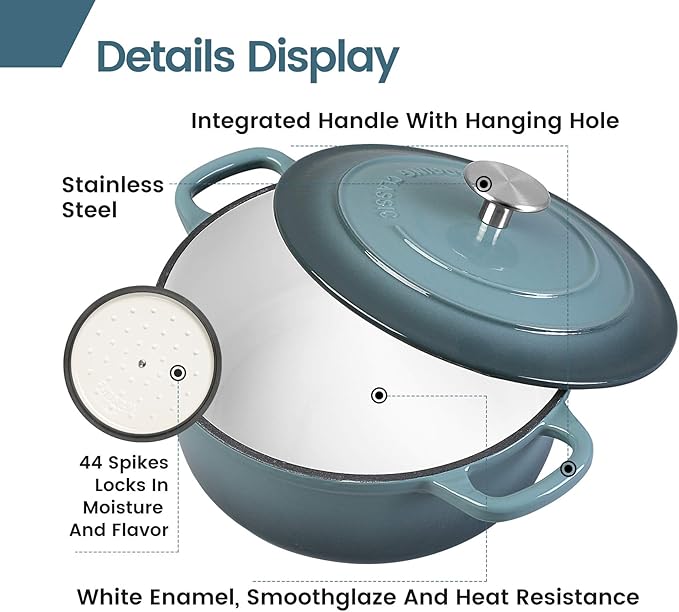 EDGING CASTING Enameled Cast Iron Covered 5.5 Quart Dutch Oven with Dual Handle, Slateblue