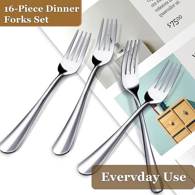16 Pcs Dinner Forks Set, Stainless Steel Silverware, 8 Inch Salad & Table Forks, Mirror Polished, Dishwasher Safe