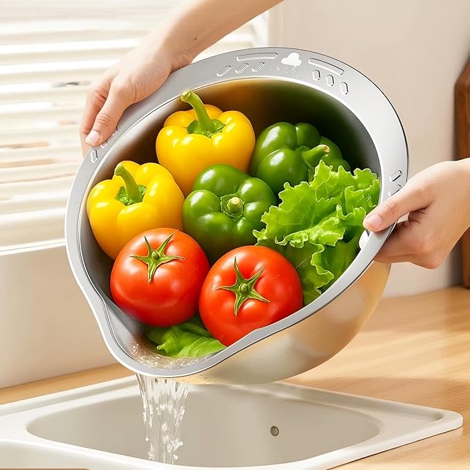 2-Piece 304 Stainless Steel Rice Washer Strainer Bowl with Grater Lid – Multifunctional Fruit Washing Basin and Rice Rinser Set, Heavy-Duty Kitchen Colander