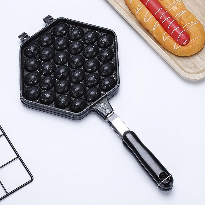 Bubble Waffle Pan, Premium Cast Aluminum Anti Stick Stovetop Waffle Maker with Fixed Bracket and Stainless Steel Handles, for Home Commercial Use
