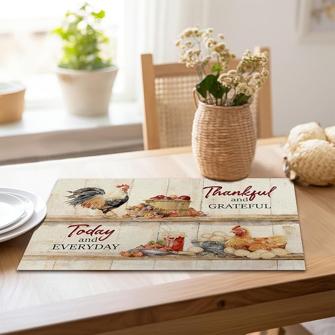 Cute Rooster Rustic Placemats Tablemats Resistant Place Mats Kitchen Decor Dining Decoration for Party, Washable Placemats Set of 4-10