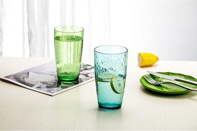 Hammered Acrylic Drinking Glasses, 20 oz, Set of 6, Rainbow Colors