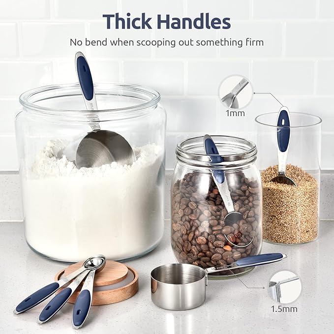 U-Taste 18/8 Stainless Steel Measuring Cups and Spoons Set of 12, and 18/8 Stainless Steel Square Measuring Spoons Set of 8 (Midnight Blue+Silver)