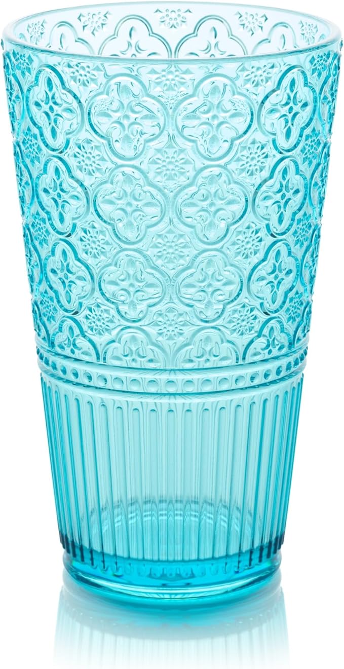 Victoria Aqua Set of 6 Premium Acrylic Ice Tea Glass 22 oz – Unbreakable Glassware with Elegant Embossed Design, Dishwasher Safe for Indoor & Outdoor Use