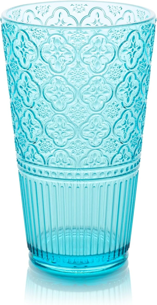 Victoria Aqua Set of 6 Premium Acrylic Ice Tea Glass 22 oz – Unbreakable Glassware with Elegant Embossed Design, Dishwasher Safe for Indoor & Outdoor Use