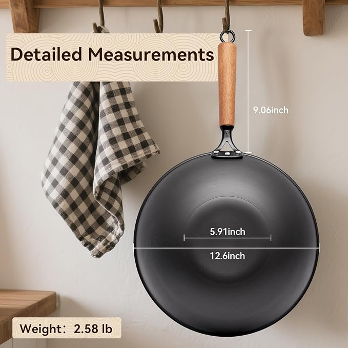 VIVIDCOOKWARE 12.6" Carbon Steel Wok, Spun Iron Stir Fry Wok with Wooden Handle, Flat Bottom Wok Pan with Reinforced Rim, Lightweight Woks & Stir-Fry Pans for Everyday Cooking