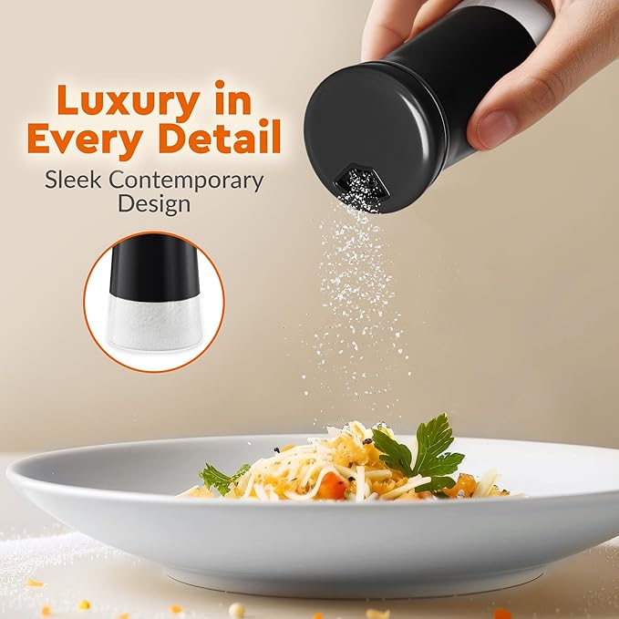 HOME EC Original Salt and Pepper Shakers Set with Adjustable Pour Holes - Black Salt Shaker and Pepper Shaker - Farmhouse Spice dispenser for salts, Ground peppercorn and spices
