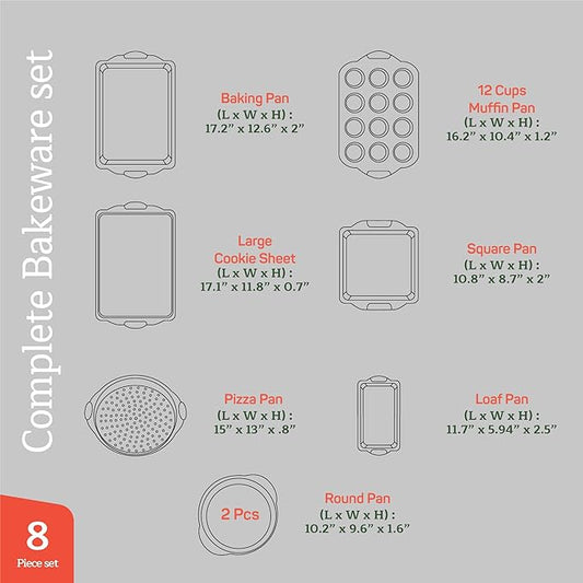 Emporio Kitchen Baking Pan Set - Nonstick Coating, Carbon Steel Bakeware Set with Red Silicone Handles, PFOA, PFOS, PTFE Free, Recipe Booklet Included, Oven Safe Tray (Up To 450° F), Set of 8 - Black