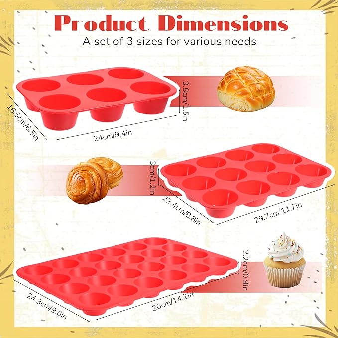 Oqqlin 3 Pcs Silicone Muffin Pan Set, Silicone Muffin Pans for Baking Red 24/12/6 Cups Mini/Regular/Jumbo Non-Stick Cupcake Pan for Kitchens, Restaurants, Bakeries