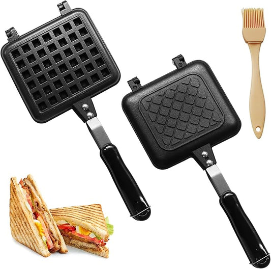Sandwich Maker, Non-Stick Grilled Panini Maker Pan with Plates, Stovetop Toasted Sandwich Maker Aluminum Flip Frying Pan for Home Kitchen Breakfast Outdoors Camping