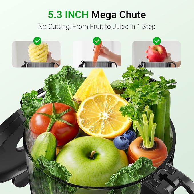 Aeitto Juicer Machines, 5.3" Extra Large Feed Chute Cold Press Juicer, Fit Whole Vegetables & Fruits, Easy to Clean, High Juice Yield,Slow Masticating Juice Extractor,Self Feeding