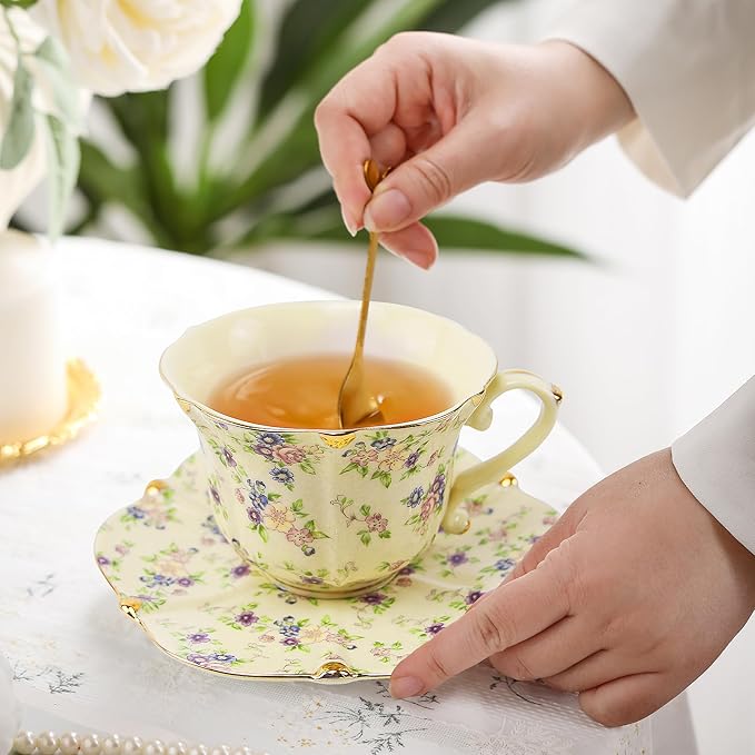 Country Roses Porcelain Tea Cup and Saucer Set with Gold Trim, Vintage Style, For Women and Tea Parties (2, Yellow)